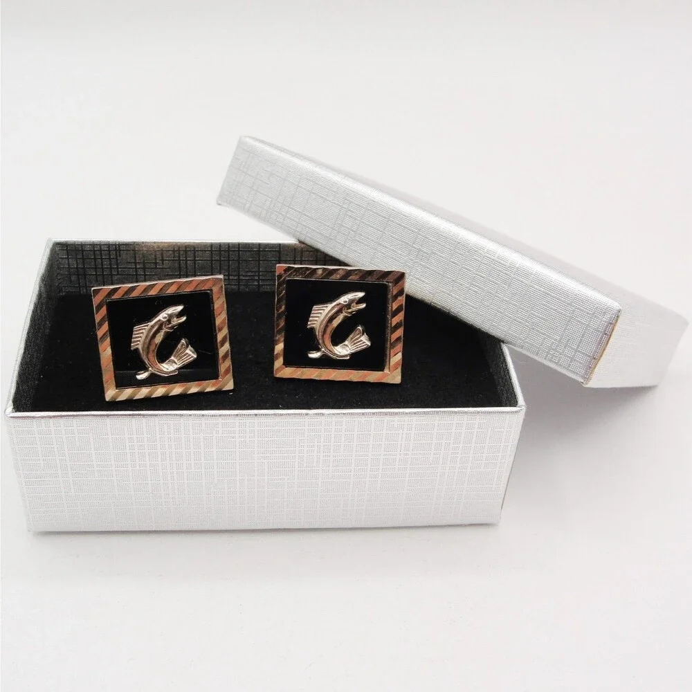 Vintage Swank Trout Bass Fish Cufflinks Gold Tone Black Signed Men Fishing Retro